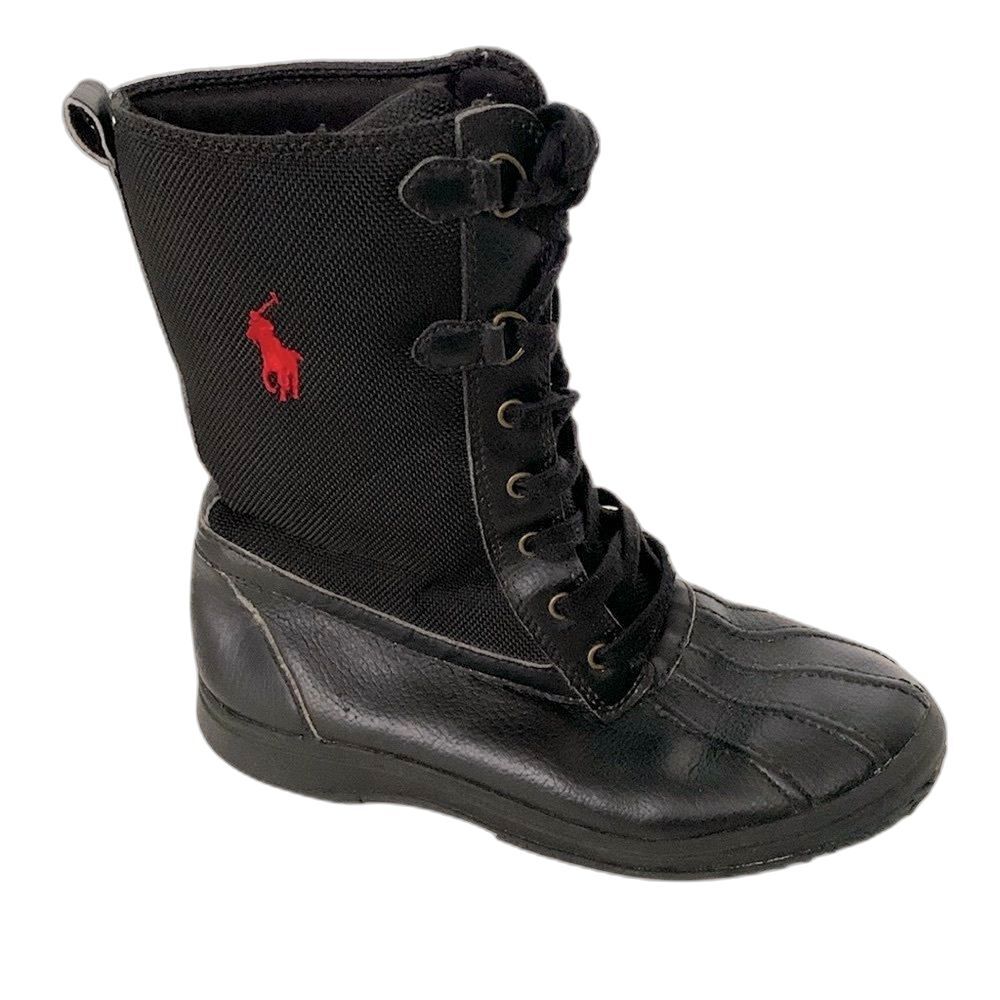 Polo Ralph Lauren Black Leather Textile Rain Snow Fashion Boot Youth Unisex Sz 5